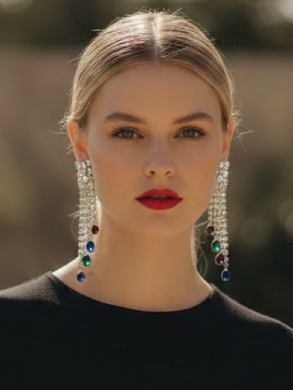 Crystal Fringe Drop Earrings with Multicolor Gem Accents - Silver
